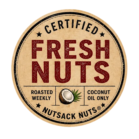 Round label for 'Certified Fresh Nuts' with a coconut illustration on a tan background