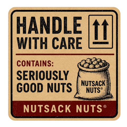 Nutsack Nuts packaging with 'Handle with Care' text and a sack of nuts illustration.