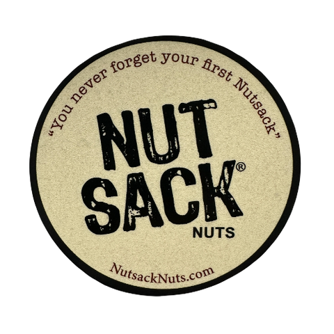 Round sticker with 'Nut Sack Nuts' branding and tagline on a beige background