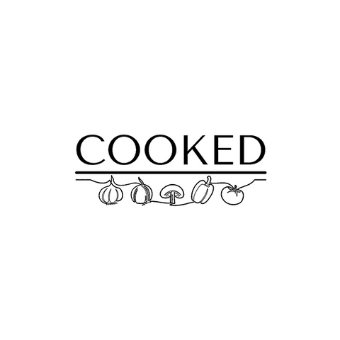 Logo with the word 'COOKED' and kitchen-themed illustrations on a white background