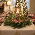 Decorated Christmas table with candles, greenery, and a Nutsack bag.