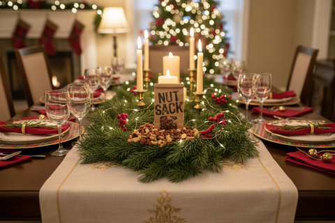 Decorated Christmas table with candles, greenery, and a Nutsack bag.