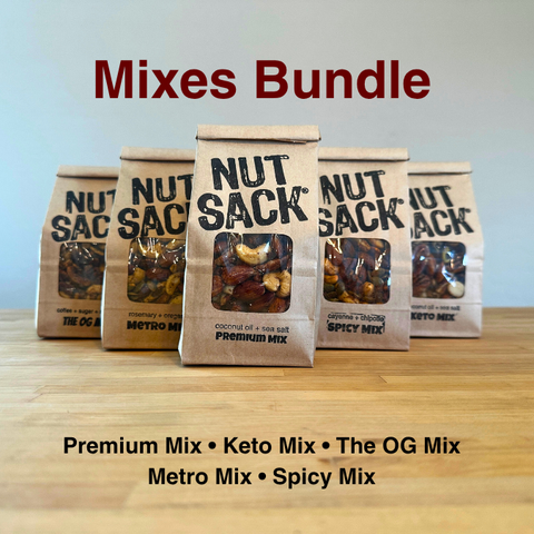 Five packages of Nut Sack snacks on a white background with text indicating different mixes.