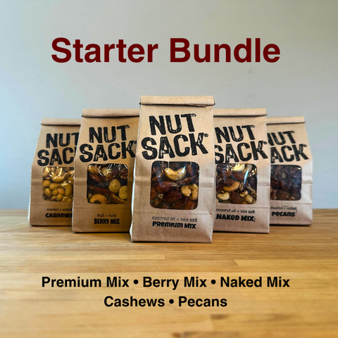 Five 'Nut Sack' packages with visible contents on a white background, labeled as Starter Box.